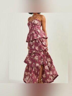 Altar'd State Floral Corset Back Busier Tiered Ruffle Maxi Dress Plum Size S